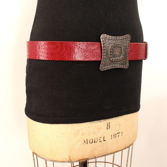 90s XXBYMEXX  red top layer leather belt large Italian buckle ceinture rouge - Picture 4 of 7